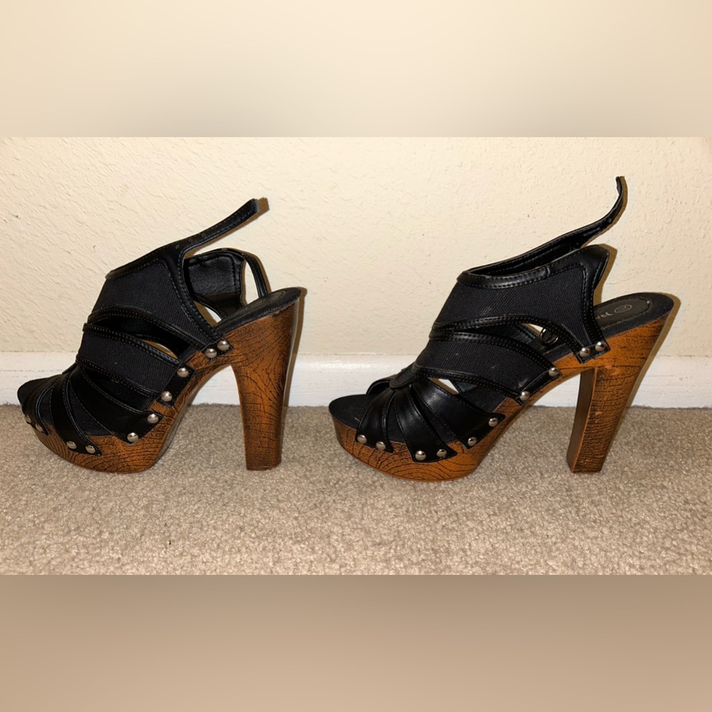 Black faux leather and Wood 5 inch platform strappy heels